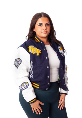 FOF WOMENS CROPPED ULTIMATE EAGLES VARSITY JACKET - NAVY/WHITE