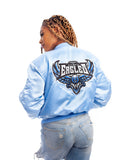 FOF WOMENS EAGLE F SATIN BOMBER JACKET - BLUE