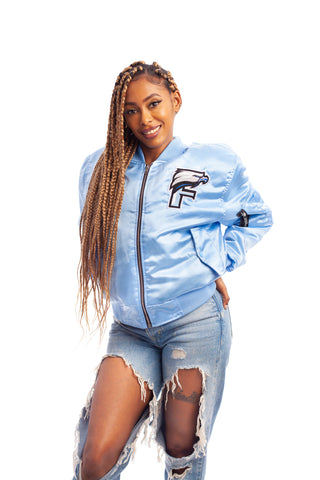 FOF WOMENS EAGLE F SATIN BOMBER JACKET - BLUE