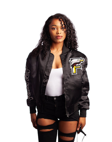 FOF WOMENS EAGLE F SATIN BOMBER JACKET - BLACK